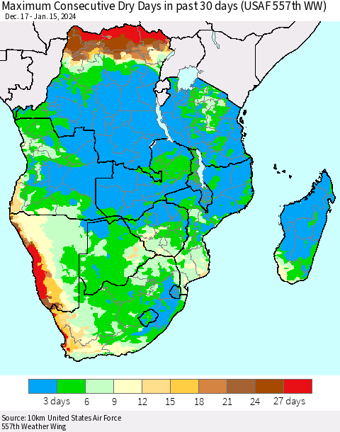 Southern Africa Maximum Consecutive Dry Days in past 30 days (USAF 557th WW) 01/15/2024 Thematic Map For 1/11/2024 - 1/15/2024