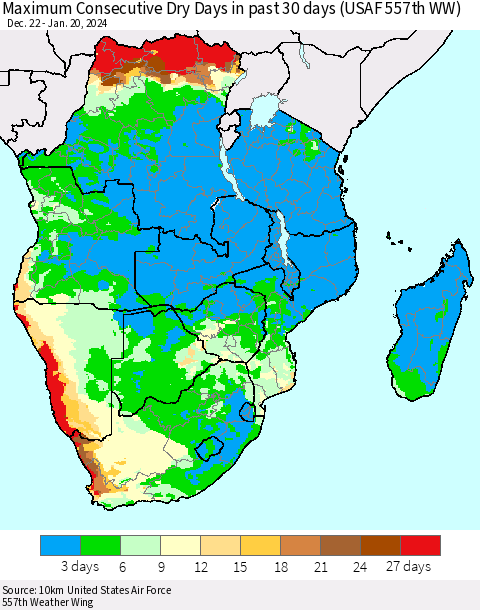 Southern Africa Maximum Consecutive Dry Days in past 30 days (USAF 557th WW) 01/20/2024 Thematic Map For 1/16/2024 - 1/20/2024