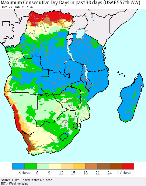 Southern Africa Maximum Consecutive Dry Days in past 30 days (USAF 557th WW) 01/25/2024 Thematic Map For 1/21/2024 - 1/25/2024
