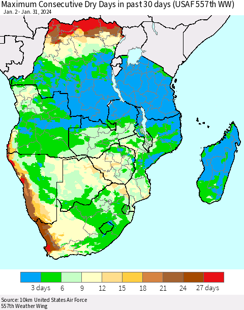 Southern Africa Maximum Consecutive Dry Days in past 30 days (USAF 557th WW) 01/31/2024 Thematic Map For 1/26/2024 - 1/31/2024