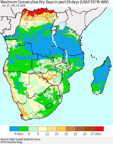 Southern Africa Maximum Consecutive Dry Days in past 30 days (USAF 557th WW) 02/10/2024 Thematic Map For 2/6/2024 - 2/10/2024