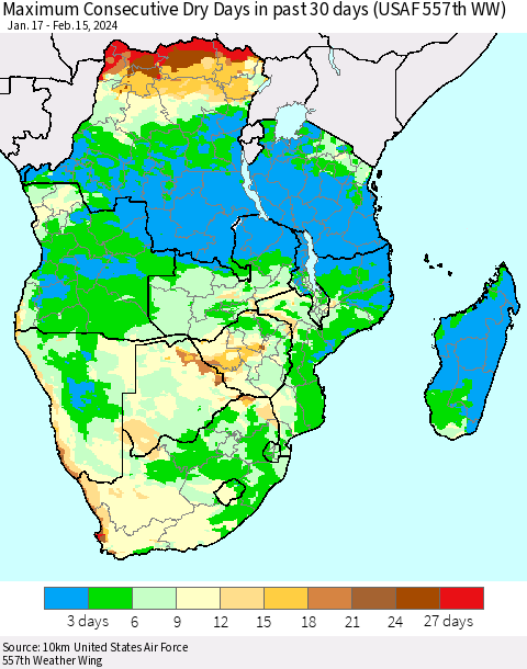 Southern Africa Maximum Consecutive Dry Days in past 30 days (USAF 557th WW) 02/15/2024 Thematic Map For 2/11/2024 - 2/15/2024