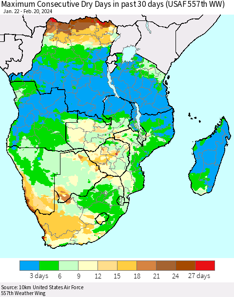 Southern Africa Maximum Consecutive Dry Days in past 30 days (USAF 557th WW) 02/20/2024 Thematic Map For 2/16/2024 - 2/20/2024