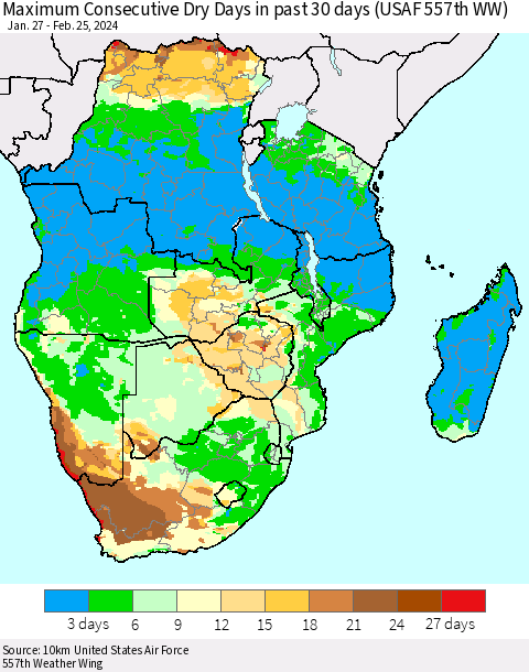 Southern Africa Maximum Consecutive Dry Days in past 30 days (USAF 557th WW) 02/25/2024 Thematic Map For 2/21/2024 - 2/25/2024