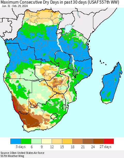 Southern Africa Maximum Consecutive Dry Days in past 30 days (USAF 557th WW) 02/29/2024 Thematic Map For 2/26/2024 - 2/29/2024