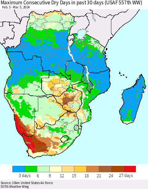 Southern Africa Maximum Consecutive Dry Days in past 30 days (USAF 557th WW) 03/05/2024 Thematic Map For 3/1/2024 - 3/5/2024