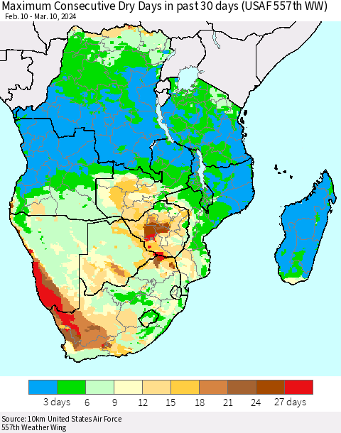 Southern Africa Maximum Consecutive Dry Days in past 30 days (USAF 557th WW) 03/10/2024 Thematic Map For 3/6/2024 - 3/10/2024