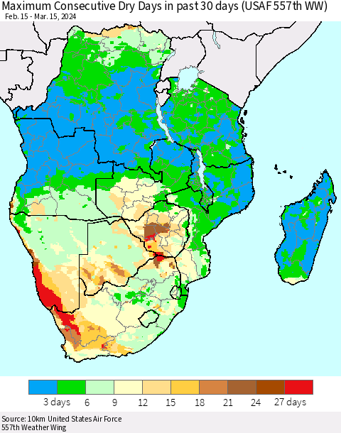 Southern Africa Maximum Consecutive Dry Days in past 30 days (USAF 557th WW) 03/15/2024 Thematic Map For 3/11/2024 - 3/15/2024