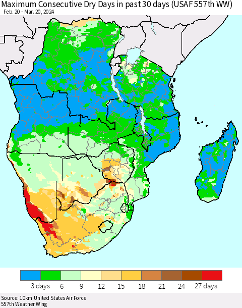 Southern Africa Maximum Consecutive Dry Days in past 30 days (USAF 557th WW) 03/20/2024 Thematic Map For 3/16/2024 - 3/20/2024