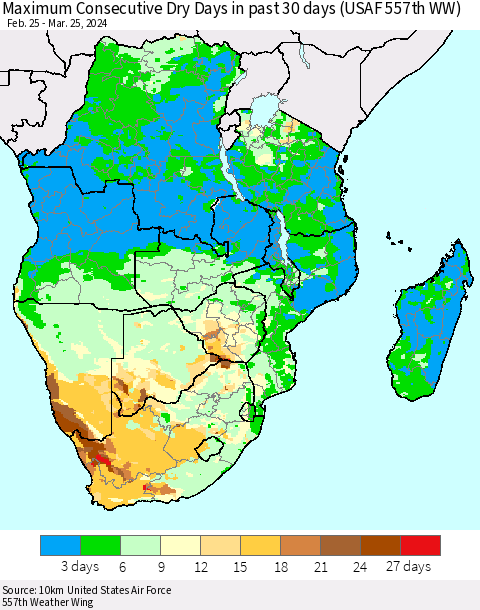 Southern Africa Maximum Consecutive Dry Days in past 30 days (USAF 557th WW) 03/25/2024 Thematic Map For 3/21/2024 - 3/25/2024