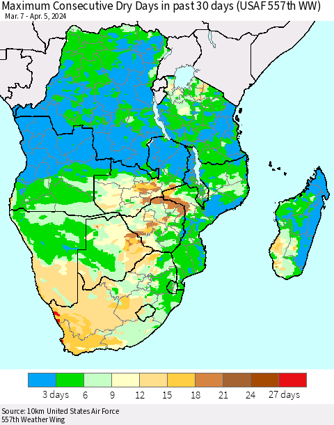 Southern Africa Maximum Consecutive Dry Days in past 30 days (USAF 557th WW) 04/05/2024 Thematic Map For 4/1/2024 - 4/5/2024