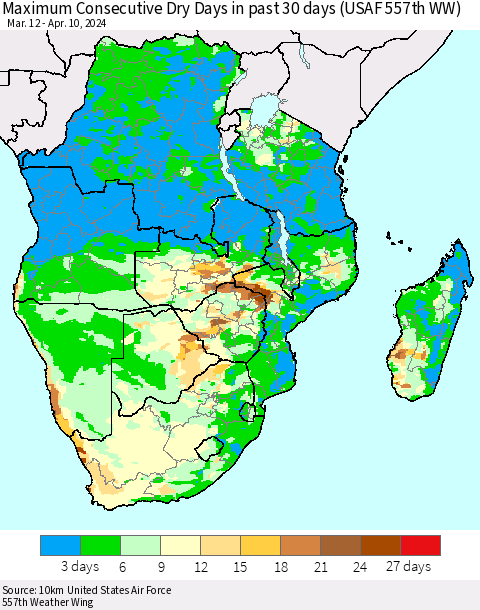 Southern Africa Maximum Consecutive Dry Days in past 30 days (USAF 557th WW) 04/10/2024 Thematic Map For 4/6/2024 - 4/10/2024
