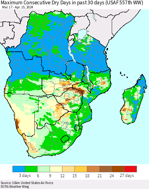 Southern Africa Maximum Consecutive Dry Days in past 30 days (USAF 557th WW) 04/15/2024 Thematic Map For 4/11/2024 - 4/15/2024