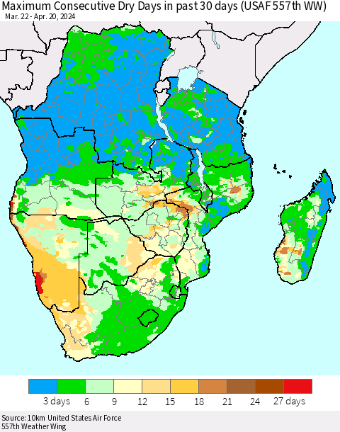 Southern Africa Maximum Consecutive Dry Days in past 30 days (USAF 557th WW) 04/20/2024 Thematic Map For 4/16/2024 - 4/20/2024