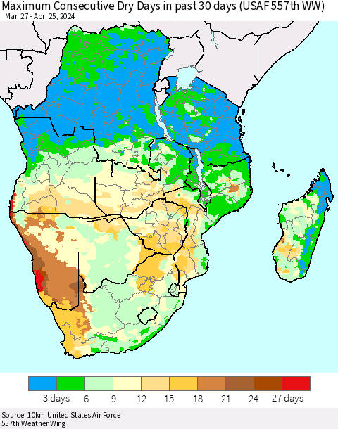 Southern Africa Maximum Consecutive Dry Days in past 30 days (USAF 557th WW) 04/25/2024 Thematic Map For 4/21/2024 - 4/25/2024