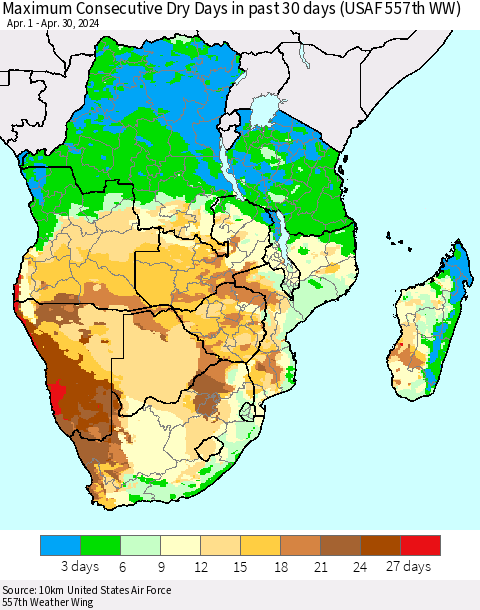 Southern Africa Maximum Consecutive Dry Days in past 30 days (USAF 557th WW) 04/30/2024 Thematic Map For 4/26/2024 - 4/30/2024