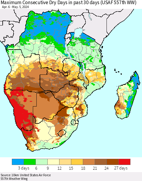 Southern Africa Maximum Consecutive Dry Days in past 30 days (USAF 557th WW) 05/05/2024 Thematic Map For 5/1/2024 - 5/5/2024