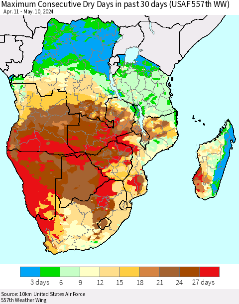 Southern Africa Maximum Consecutive Dry Days in past 30 days (USAF 557th WW) 05/10/2024 Thematic Map For 5/6/2024 - 5/10/2024
