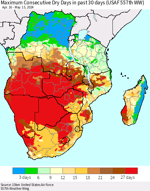 Southern Africa Maximum Consecutive Dry Days in past 30 days (USAF 557th WW) 05/15/2024 Thematic Map For 5/11/2024 - 5/15/2024