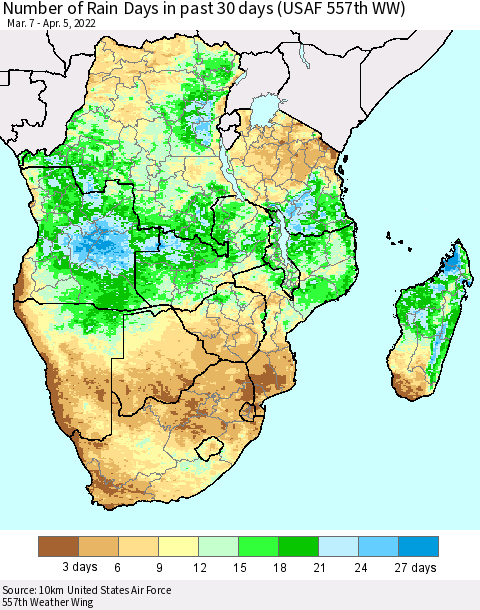 Southern Africa Number of Rain Days in past 30 days (USAF 557th WW) 04/05/2022 Thematic Map For 4/1/2022 - 4/5/2022
