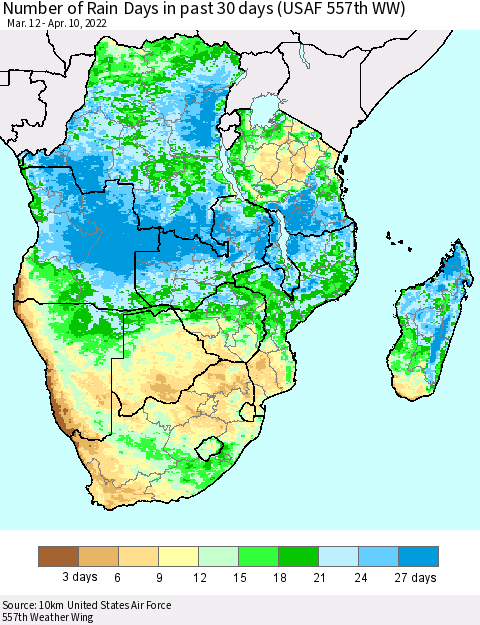 Southern Africa Number of Rain Days in past 30 days (USAF 557th WW) 04/10/2022 Thematic Map For 4/6/2022 - 4/10/2022