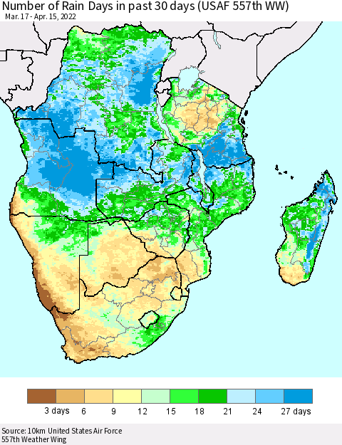 Southern Africa Number of Rain Days in past 30 days (USAF 557th WW) 04/15/2022 Thematic Map For 4/11/2022 - 4/15/2022