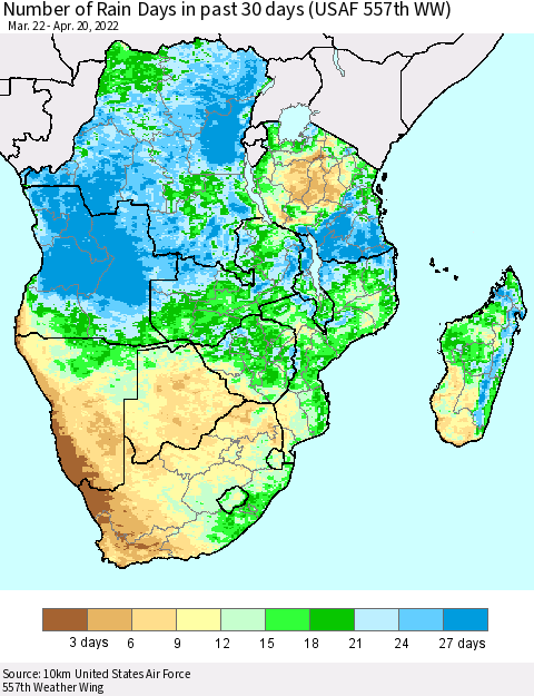 Southern Africa Number of Rain Days in past 30 days (USAF 557th WW) 04/20/2022 Thematic Map For 4/16/2022 - 4/20/2022