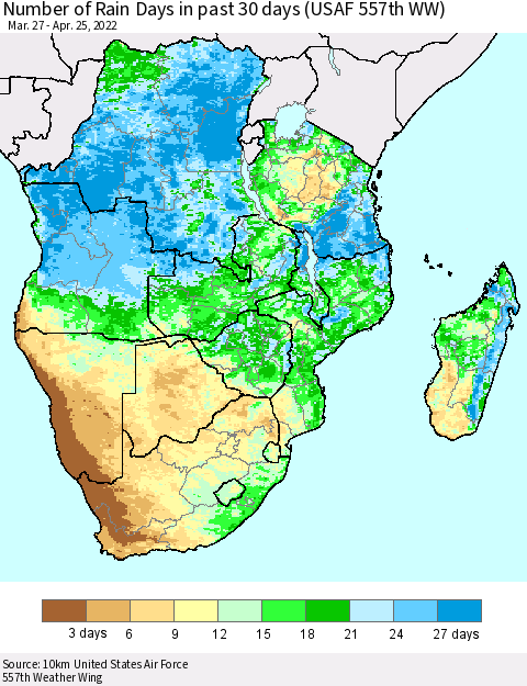 Southern Africa Number of Rain Days in past 30 days (USAF 557th WW) 04/25/2022 Thematic Map For 4/21/2022 - 4/25/2022