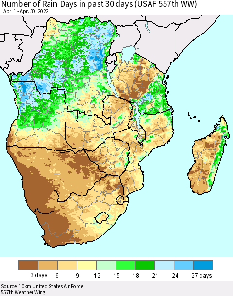 Southern Africa Number of Rain Days in past 30 days (USAF 557th WW) 04/30/2022 Thematic Map For 4/26/2022 - 4/30/2022