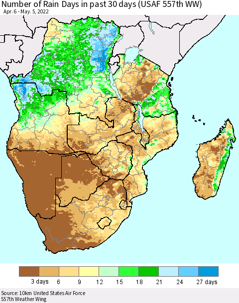Southern Africa Number of Rain Days in past 30 days (USAF 557th WW) 05/05/2022 Thematic Map For 5/1/2022 - 5/5/2022
