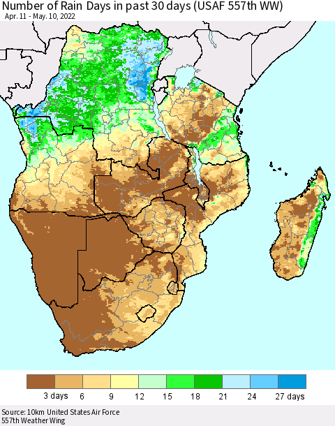 Southern Africa Number of Rain Days in past 30 days (USAF 557th WW) 05/10/2022 Thematic Map For 5/6/2022 - 5/10/2022