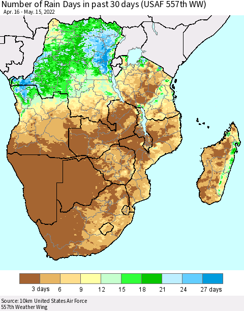 Southern Africa Number of Rain Days in past 30 days (USAF 557th WW) 05/15/2022 Thematic Map For 5/11/2022 - 5/15/2022
