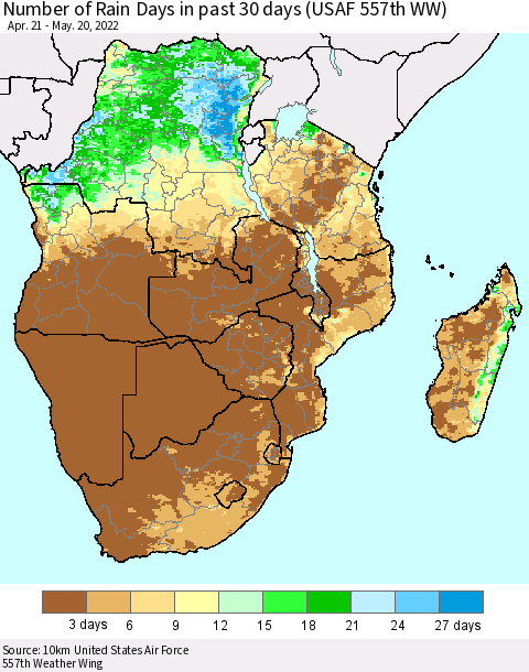 Southern Africa Number of Rain Days in past 30 days (USAF 557th WW) 05/20/2022 Thematic Map For 5/16/2022 - 5/20/2022