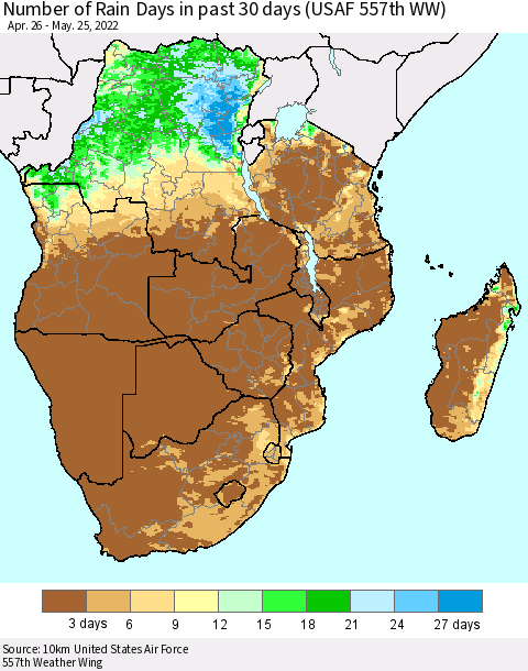 Southern Africa Number of Rain Days in past 30 days (USAF 557th WW) 05/25/2022 Thematic Map For 5/21/2022 - 5/25/2022