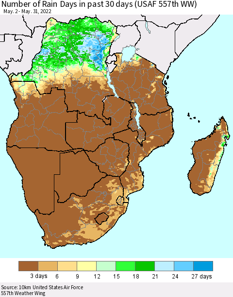 Southern Africa Number of Rain Days in past 30 days (USAF 557th WW) 05/31/2022 Thematic Map For 5/26/2022 - 5/31/2022