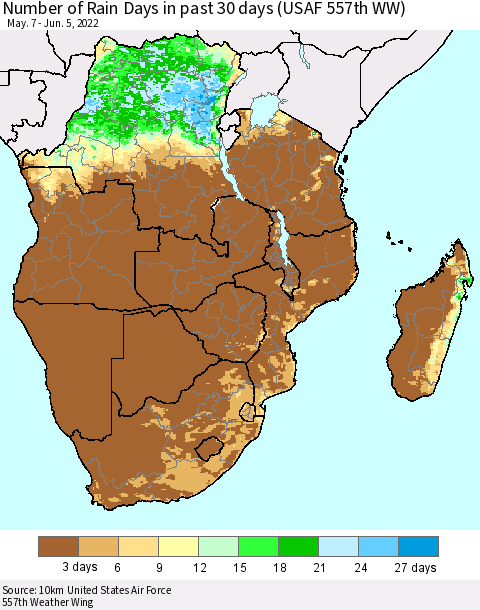 Southern Africa Number of Rain Days in past 30 days (USAF 557th WW) 06/05/2022 Thematic Map For 6/1/2022 - 6/5/2022