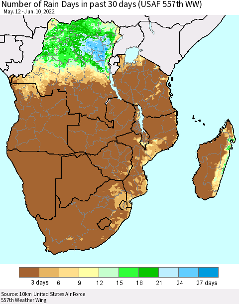 Southern Africa Number of Rain Days in past 30 days (USAF 557th WW) 06/10/2022 Thematic Map For 6/6/2022 - 6/10/2022