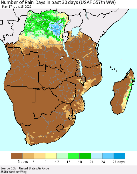Southern Africa Number of Rain Days in past 30 days (USAF 557th WW) 06/15/2022 Thematic Map For 6/11/2022 - 6/15/2022