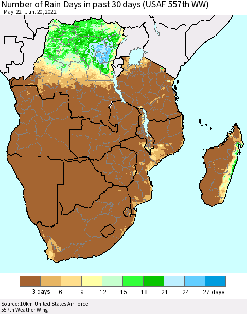 Southern Africa Number of Rain Days in past 30 days (USAF 557th WW) 06/20/2022 Thematic Map For 6/16/2022 - 6/20/2022