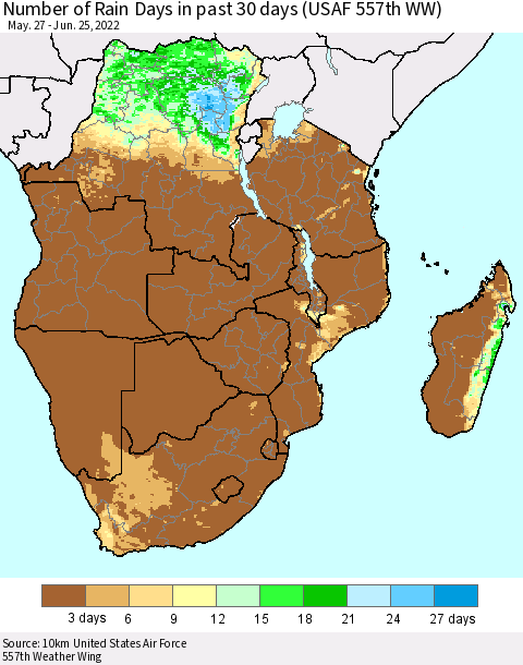 Southern Africa Number of Rain Days in past 30 days (USAF 557th WW) 06/25/2022 Thematic Map For 6/21/2022 - 6/25/2022