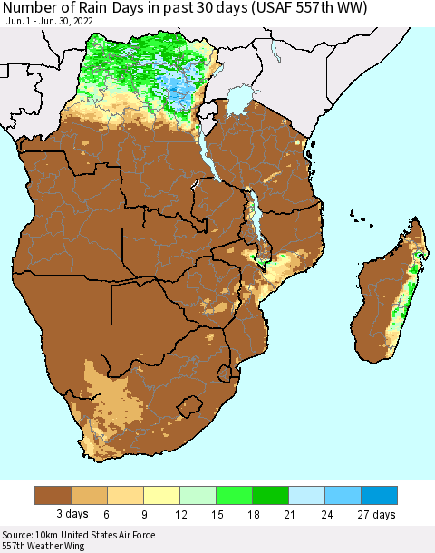 Southern Africa Number of Rain Days in past 30 days (USAF 557th WW) 06/30/2022 Thematic Map For 6/26/2022 - 6/30/2022