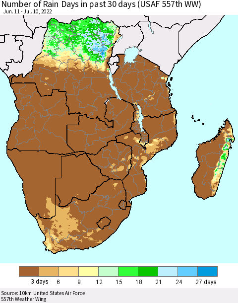 Southern Africa Number of Rain Days in past 30 days (USAF 557th WW) 07/10/2022 Thematic Map For 7/6/2022 - 7/10/2022