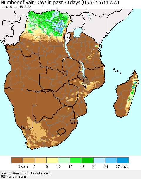 Southern Africa Number of Rain Days in past 30 days (USAF 557th WW) 07/15/2022 Thematic Map For 7/11/2022 - 7/15/2022
