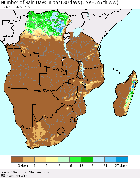 Southern Africa Number of Rain Days in past 30 days (USAF 557th WW) 07/20/2022 Thematic Map For 7/16/2022 - 7/20/2022