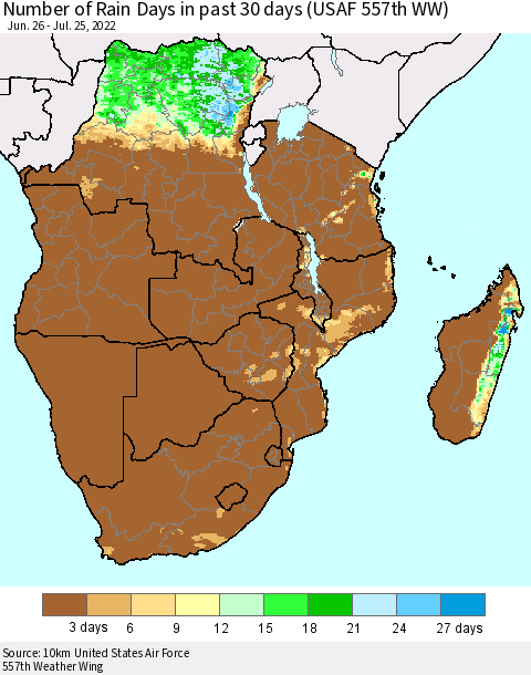 Southern Africa Number of Rain Days in past 30 days (USAF 557th WW) 07/25/2022 Thematic Map For 7/21/2022 - 7/25/2022