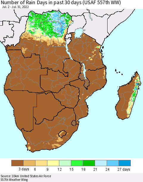 Southern Africa Number of Rain Days in past 30 days (USAF 557th WW) 07/31/2022 Thematic Map For 7/26/2022 - 7/31/2022