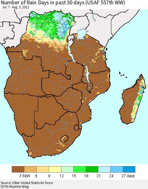 Southern Africa Number of Rain Days in past 30 days (USAF 557th WW) 08/05/2022 Thematic Map For 8/1/2022 - 8/5/2022
