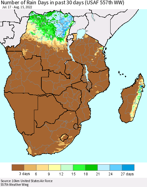Southern Africa Number of Rain Days in past 30 days (USAF 557th WW) 08/15/2022 Thematic Map For 8/11/2022 - 8/15/2022