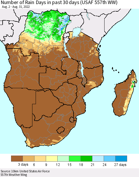 Southern Africa Number of Rain Days in past 30 days (USAF 557th WW) 08/31/2022 Thematic Map For 8/26/2022 - 8/31/2022