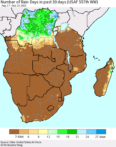 Southern Africa Number of Rain Days in past 30 days (USAF 557th WW) 09/15/2022 Thematic Map For 9/11/2022 - 9/15/2022